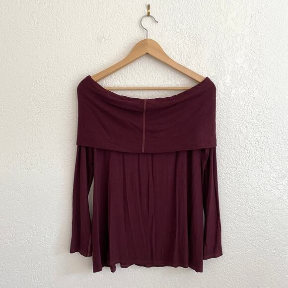 NWT Three Dots Ribbed Off-Shoulder Swing Top Shiraz Burgundy Long Sleeve Medium - Picture 2 of 5